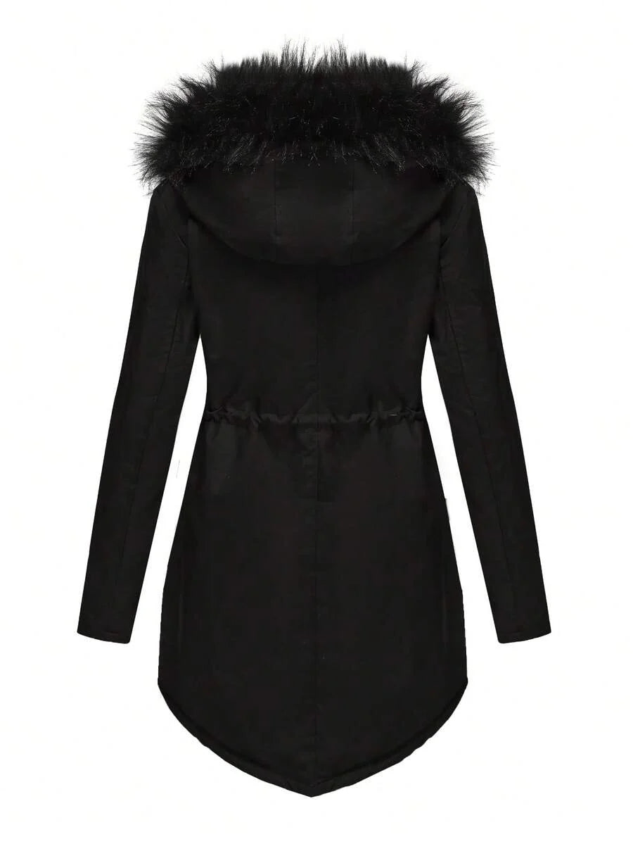 Women Winter Coat Long Sleeve Fluffy Hood Fall Button Down Long Coats Casual Fleece Linning Warm Thermal Jackets With Pockets Black