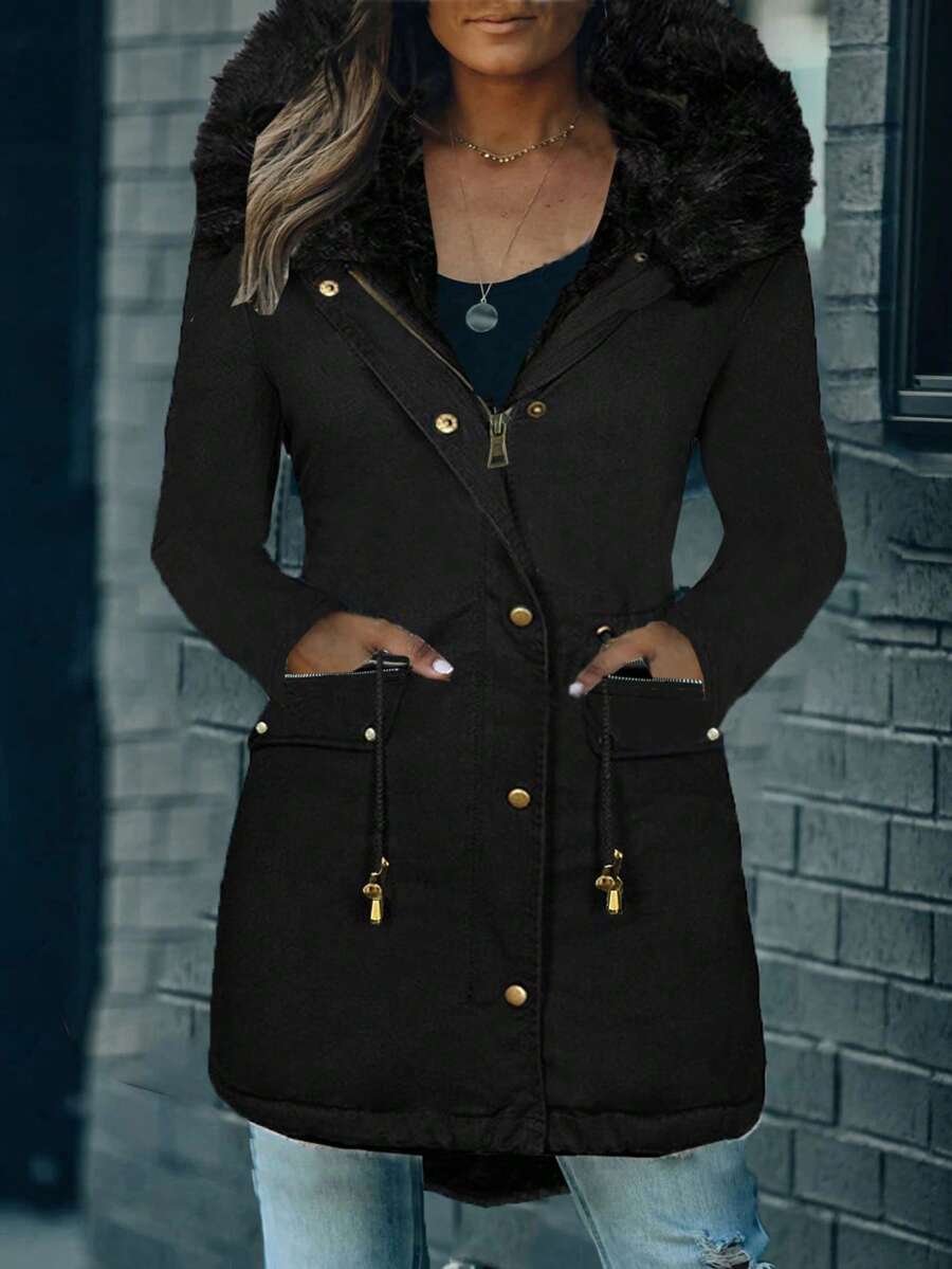 Women Winter Coat Long Sleeve Fluffy Hood Fall Button Down Long Coats Casual Fleece Linning Warm Thermal Jackets With Pockets Black
