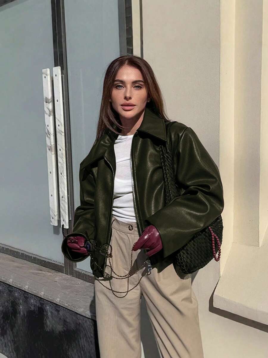 Vintage Casual Motorcycle Style Matte Leather Jacket For Women, Chic European And American Fashion, Zipper Closure, Warm And Windproof, Autumn
