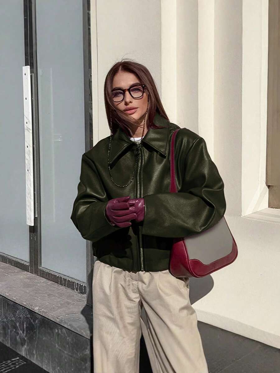 Vintage Casual Motorcycle Style Matte Leather Jacket For Women, Chic European And American Fashion, Zipper Closure, Warm And Windproof, Autumn