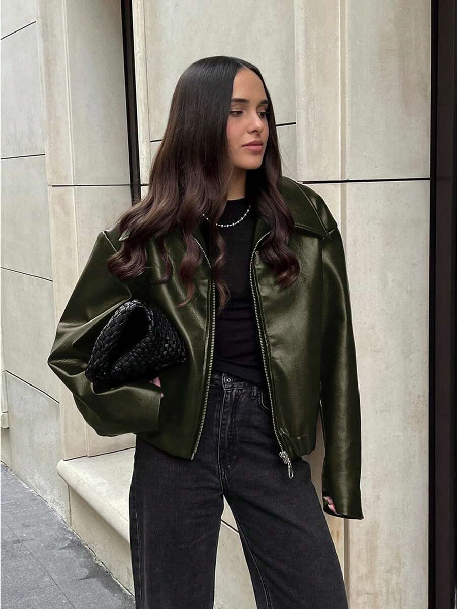 Vintage Casual Motorcycle Style Matte Leather Jacket For Women, Chic European And American Fashion, Zipper Closure, Warm And Windproof, Autumn