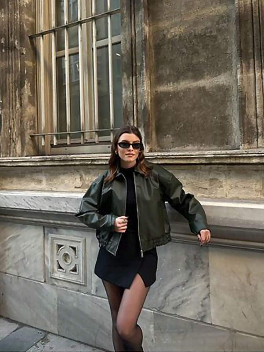 Vintage Casual Motorcycle Style Matte Leather Jacket For Women, Chic European And American Fashion, Zipper Closure, Warm And Windproof, Autumn