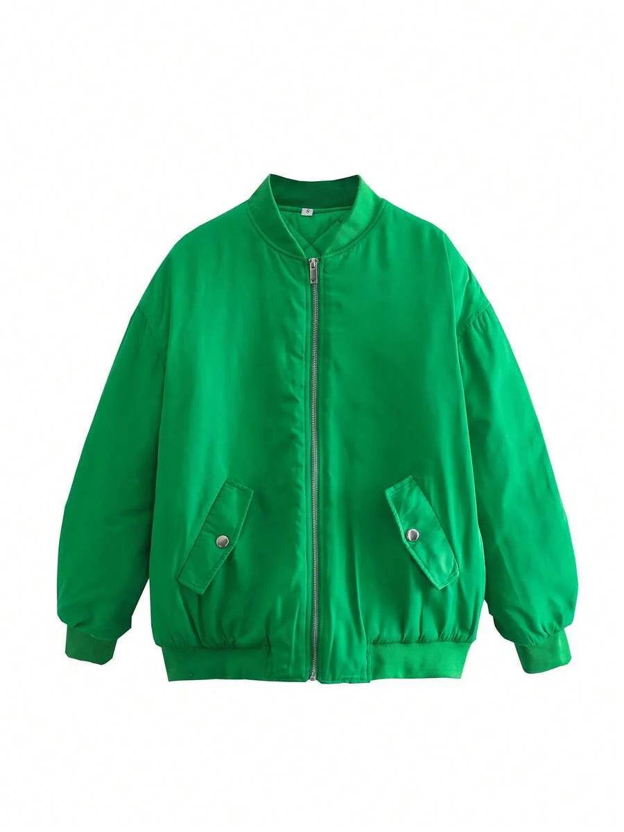 Women's Black Bomber Jacket Front Zip Pockets Long Sleeve Casual Warm Coat For Fall Winter
