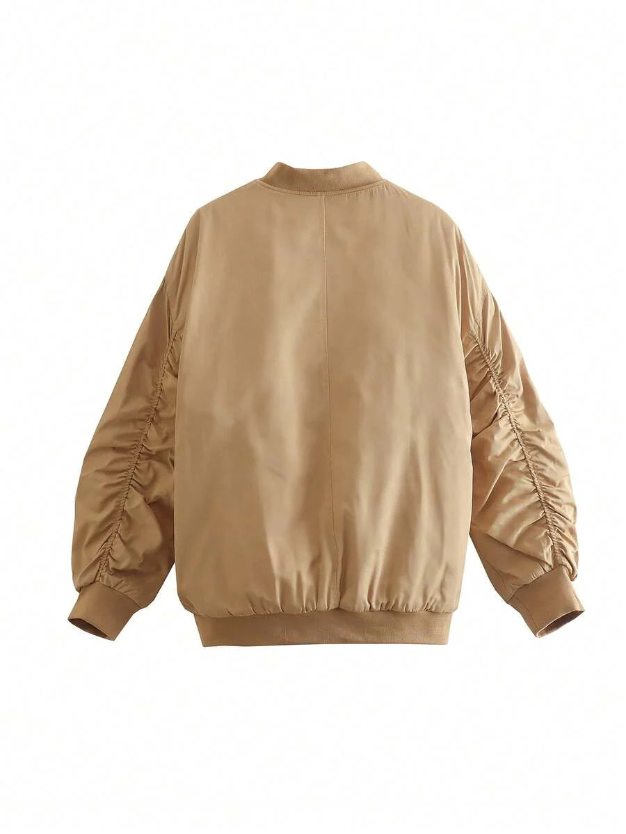 Women's Black Bomber Jacket Front Zip Pockets Long Sleeve Casual Warm Coat For Fall Winter