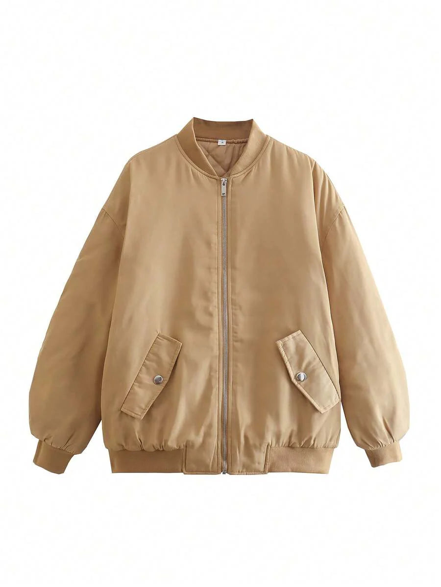 Women's Black Bomber Jacket Front Zip Pockets Long Sleeve Casual Warm Coat For Fall Winter