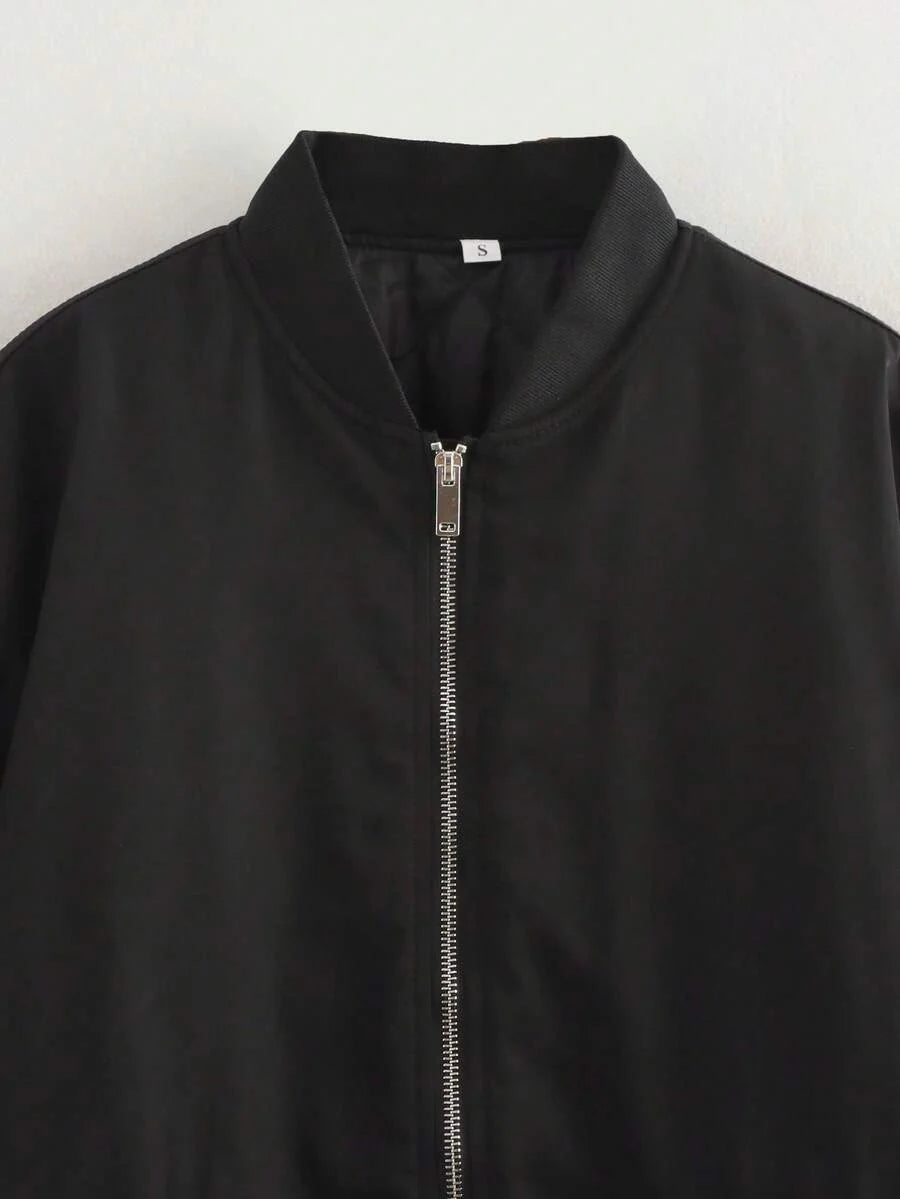 Women's Black Bomber Jacket Front Zip Pockets Long Sleeve Casual Warm Coat For Fall Winter