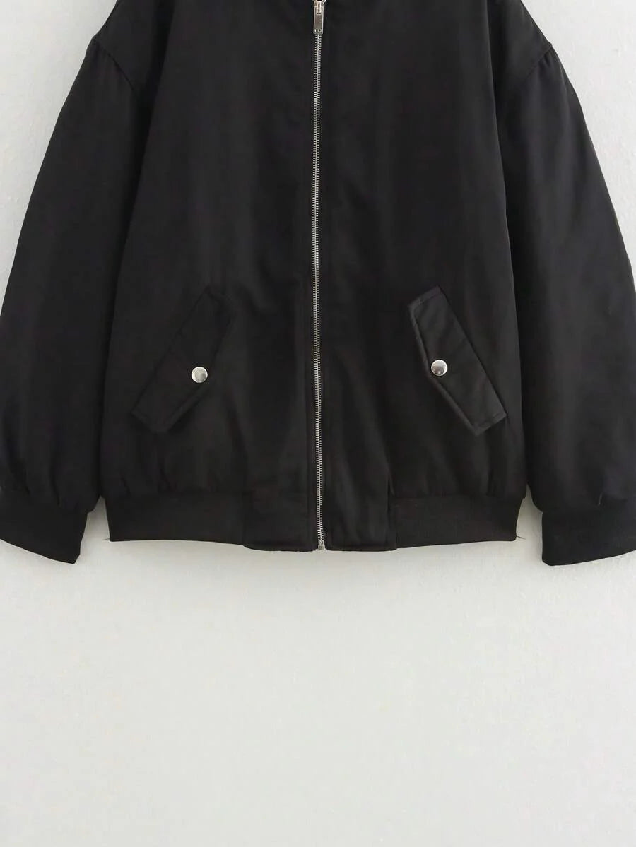 Women's Black Bomber Jacket Front Zip Pockets Long Sleeve Casual Warm Coat For Fall Winter