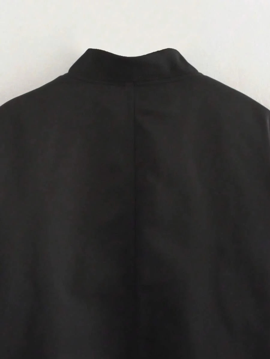 Women's Black Bomber Jacket Front Zip Pockets Long Sleeve Casual Warm Coat For Fall Winter