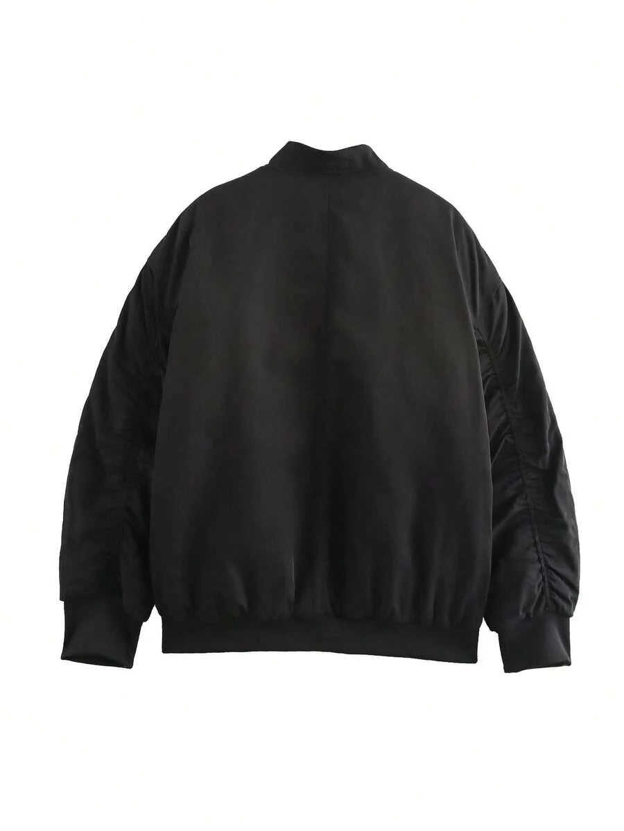 Women's Black Bomber Jacket Front Zip Pockets Long Sleeve Casual Warm Coat For Fall Winter