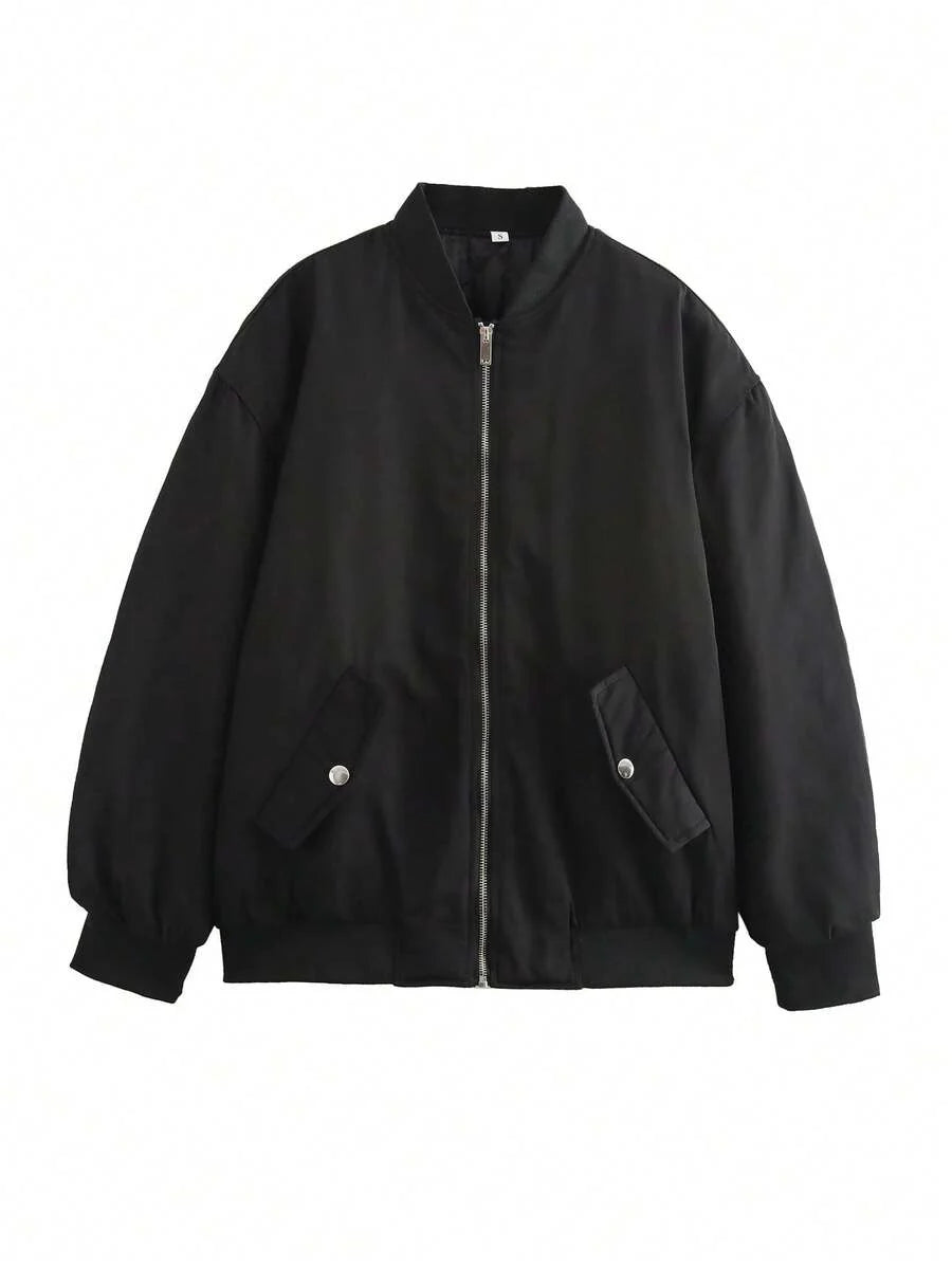 Women's Black Bomber Jacket Front Zip Pockets Long Sleeve Casual Warm Coat For Fall Winter