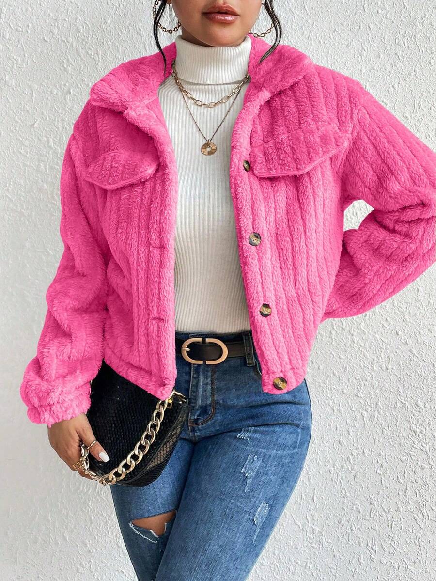 EMERY ROSE Flap Detail Fluffy Jacket Fall Winter Cloth For Women