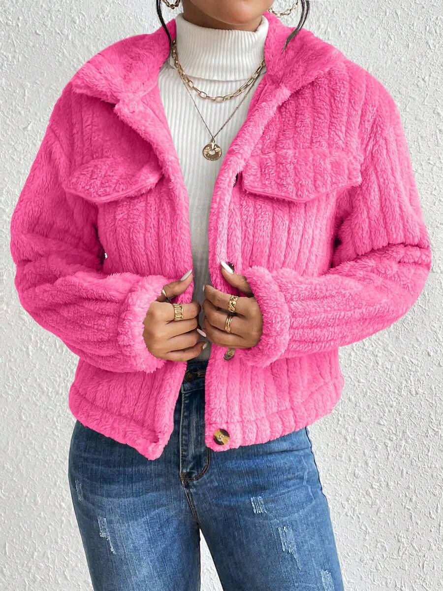 EMERY ROSE Flap Detail Fluffy Jacket Fall Winter Cloth For Women