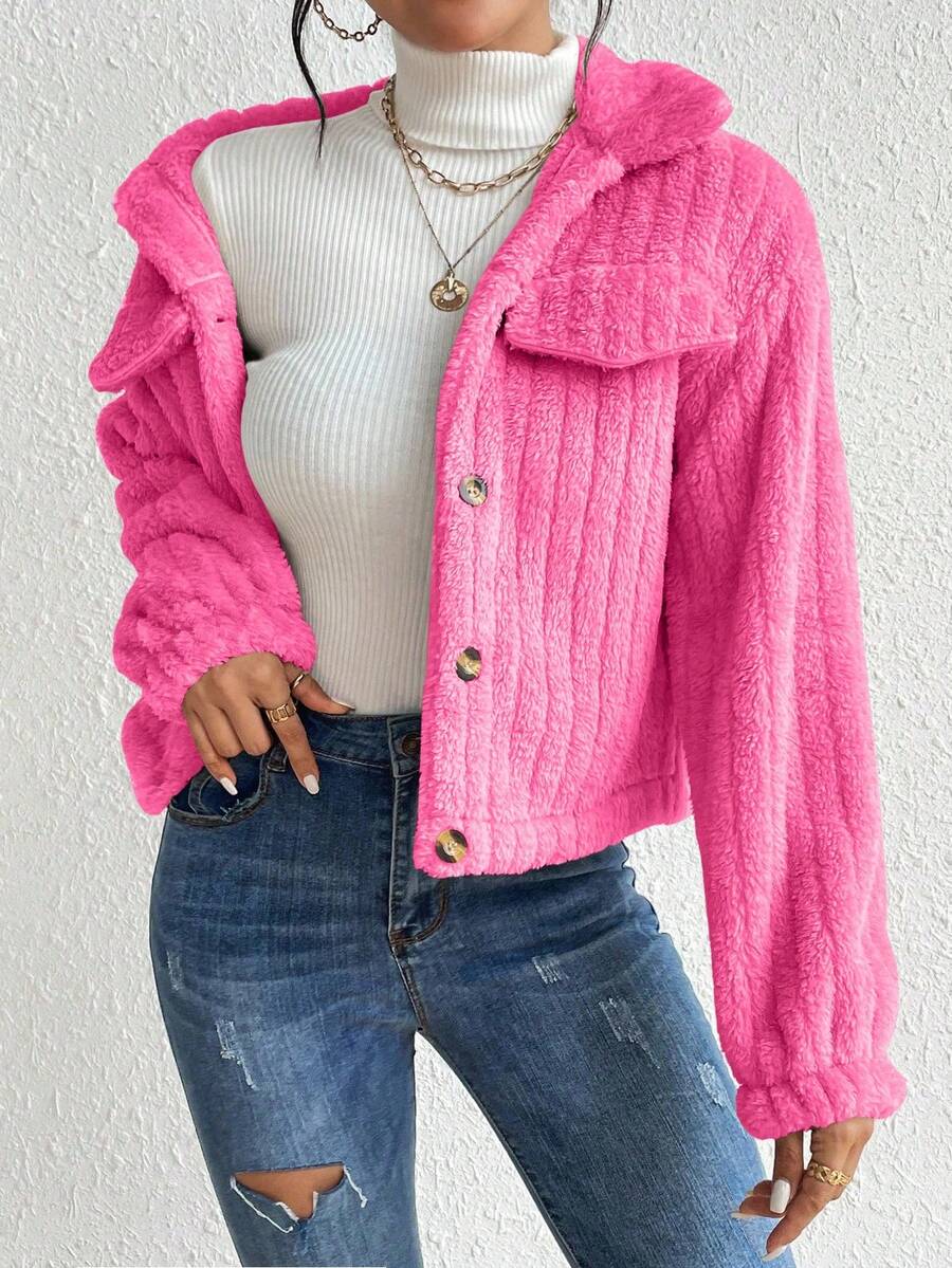 EMERY ROSE Flap Detail Fluffy Jacket Fall Winter Cloth For Women