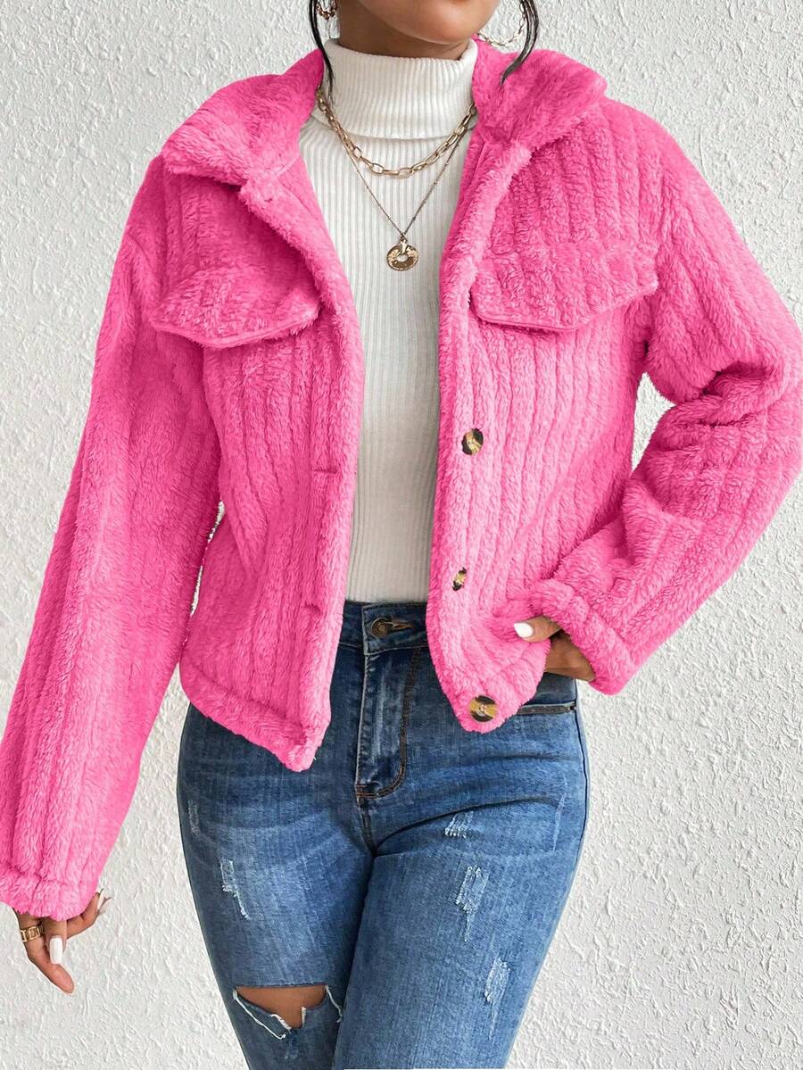 EMERY ROSE Flap Detail Fluffy Jacket Fall Winter Cloth For Women