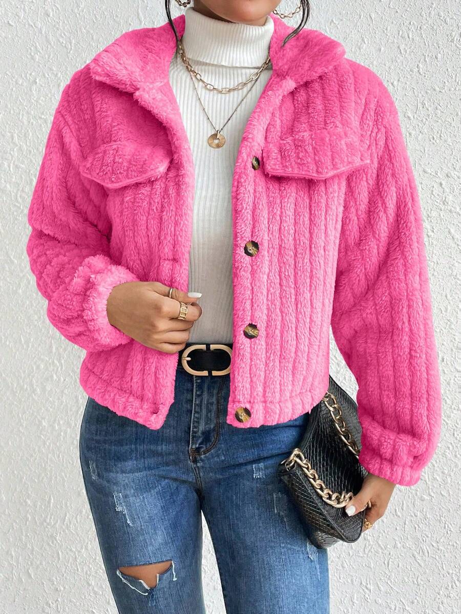 EMERY ROSE Flap Detail Fluffy Jacket Fall Winter Cloth For Women