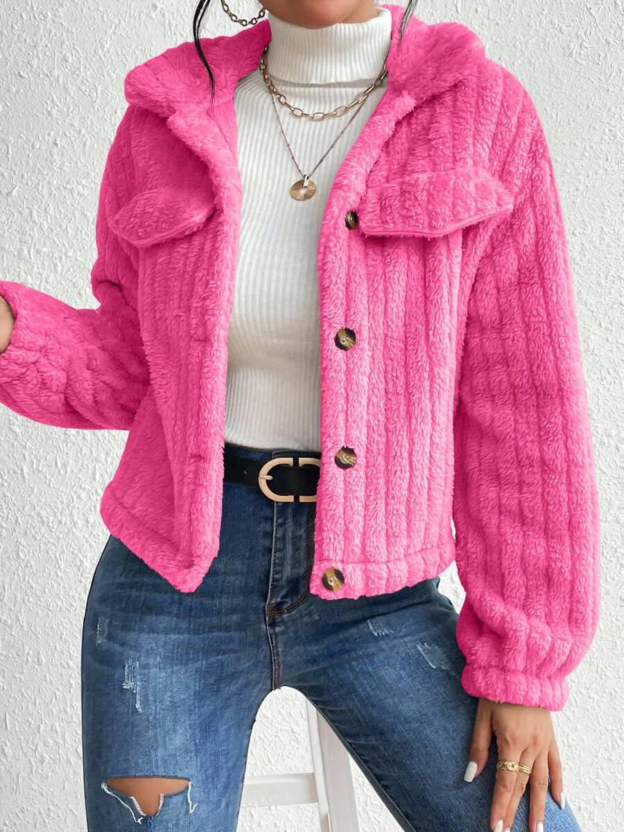 EMERY ROSE Flap Detail Fluffy Jacket Fall Winter Cloth For Women