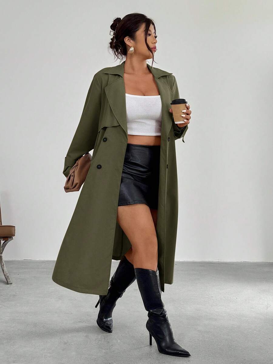 Firerie Elegant Gathered Waist A-Line Long Sleeve Windbreaker Jacket, Autumn/Winter Fall