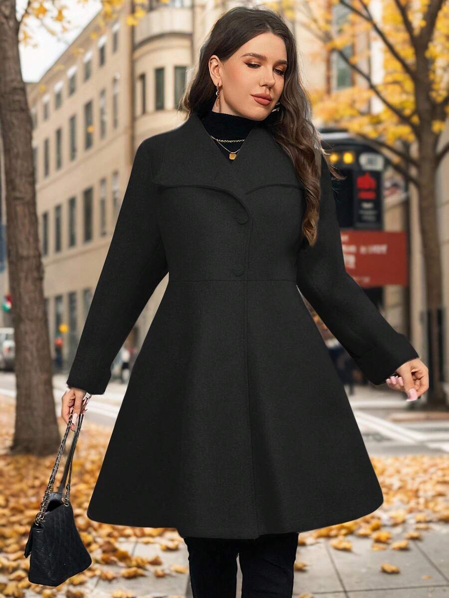 SHEIN Privé Plus Size Women's Fashion Runway Asymmetric A-Line Gray Overcoat, Suitable For Minimalist Outings And Elegant Dates In Winter