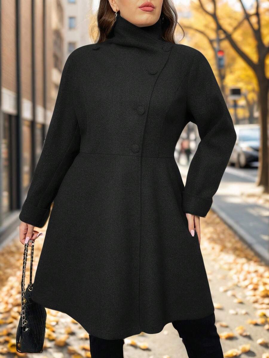 SHEIN Privé Plus Size Women's Fashion Runway Asymmetric A-Line Gray Overcoat, Suitable For Minimalist Outings And Elegant Dates In Winter
