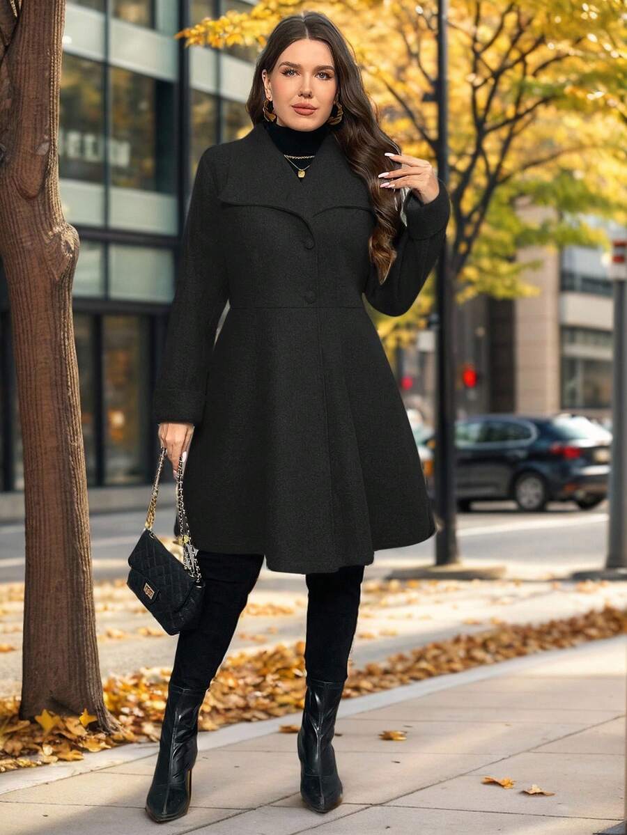 SHEIN Privé Plus Size Women's Fashion Runway Asymmetric A-Line Gray Overcoat, Suitable For Minimalist Outings And Elegant Dates In Winter