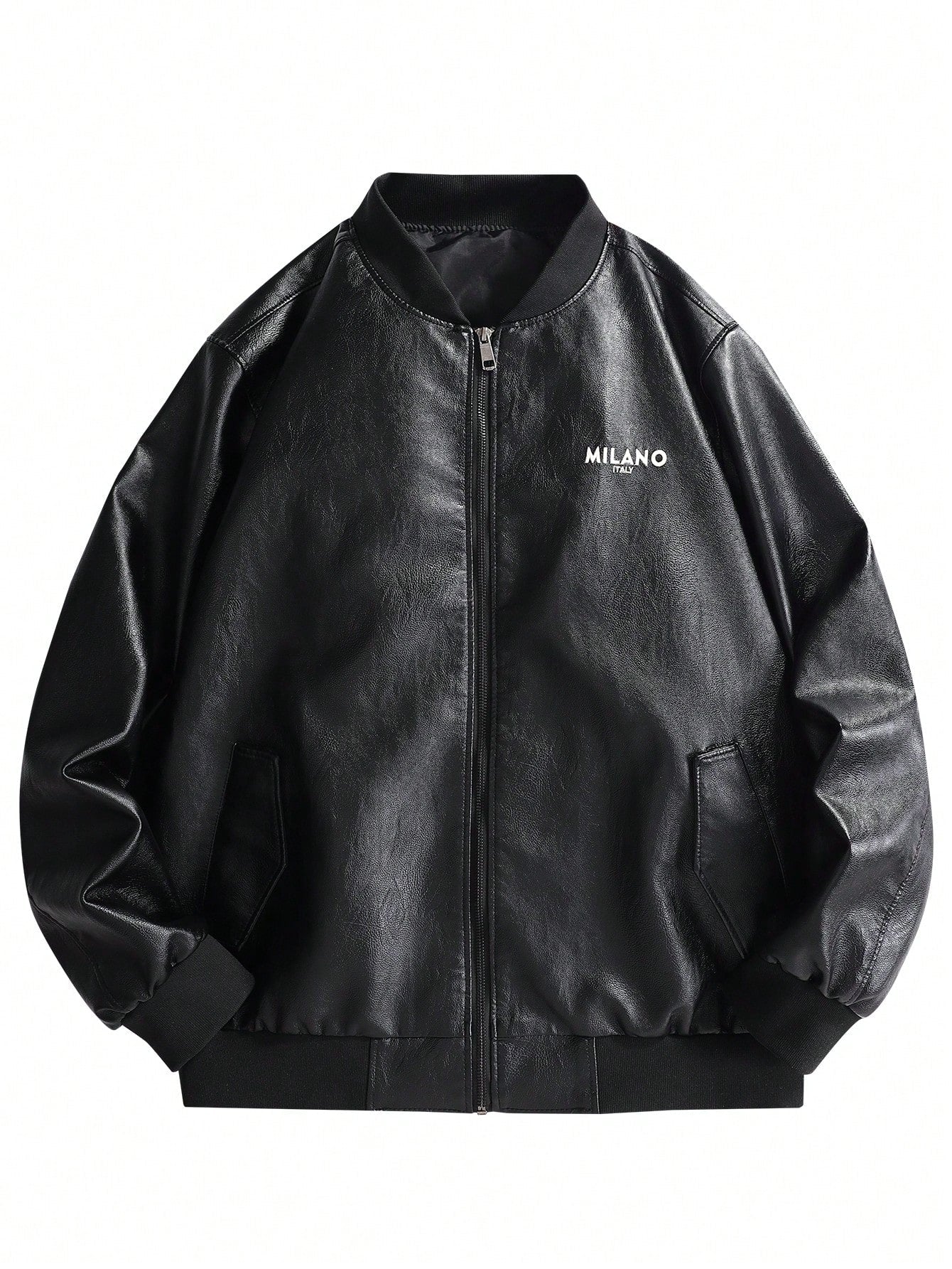 Men's PU Leather Jacket Bomber Coat, Thin Printed Stylish Long Sleeve Outerwear For Spring & Autumn