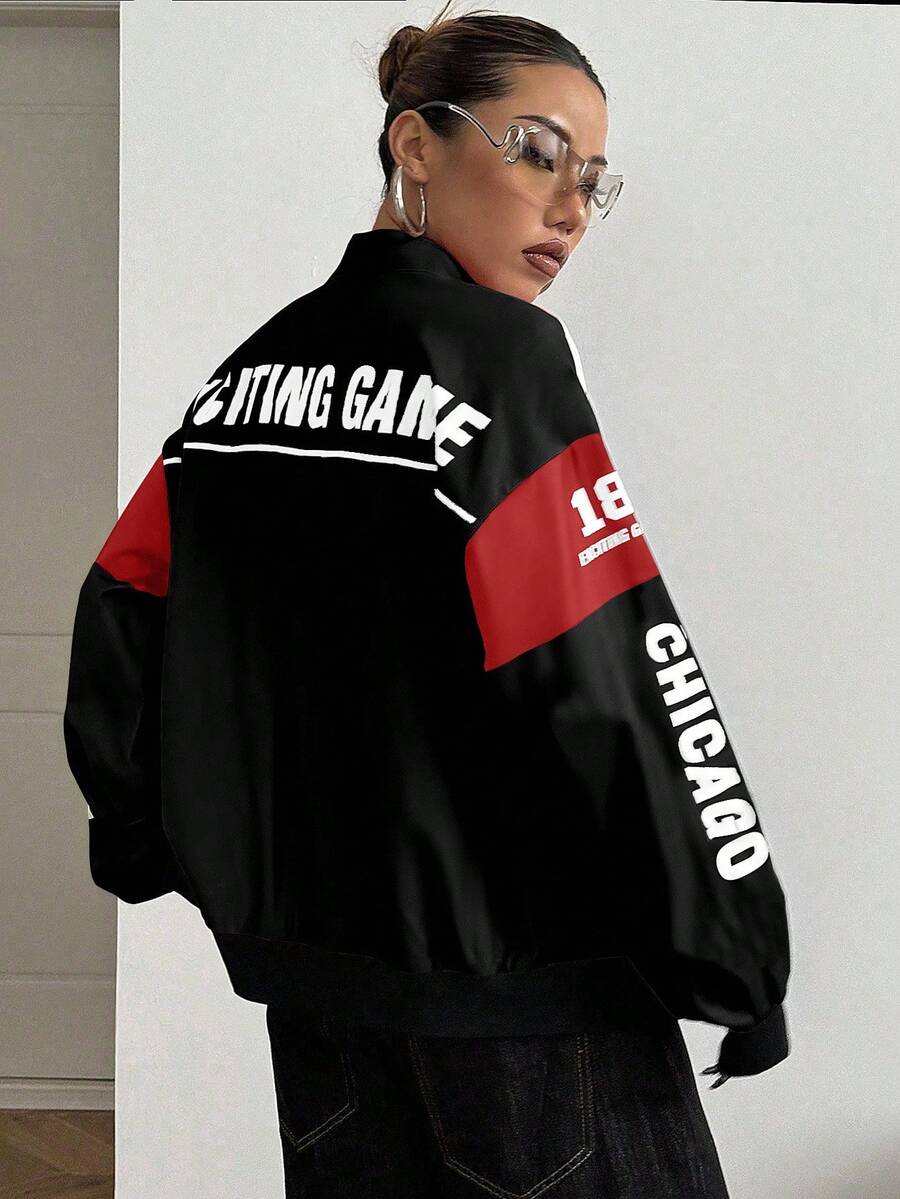 PETITE Letter Print Contrast Color Drop Shoulder Bomber Jacket For New Year Clothes