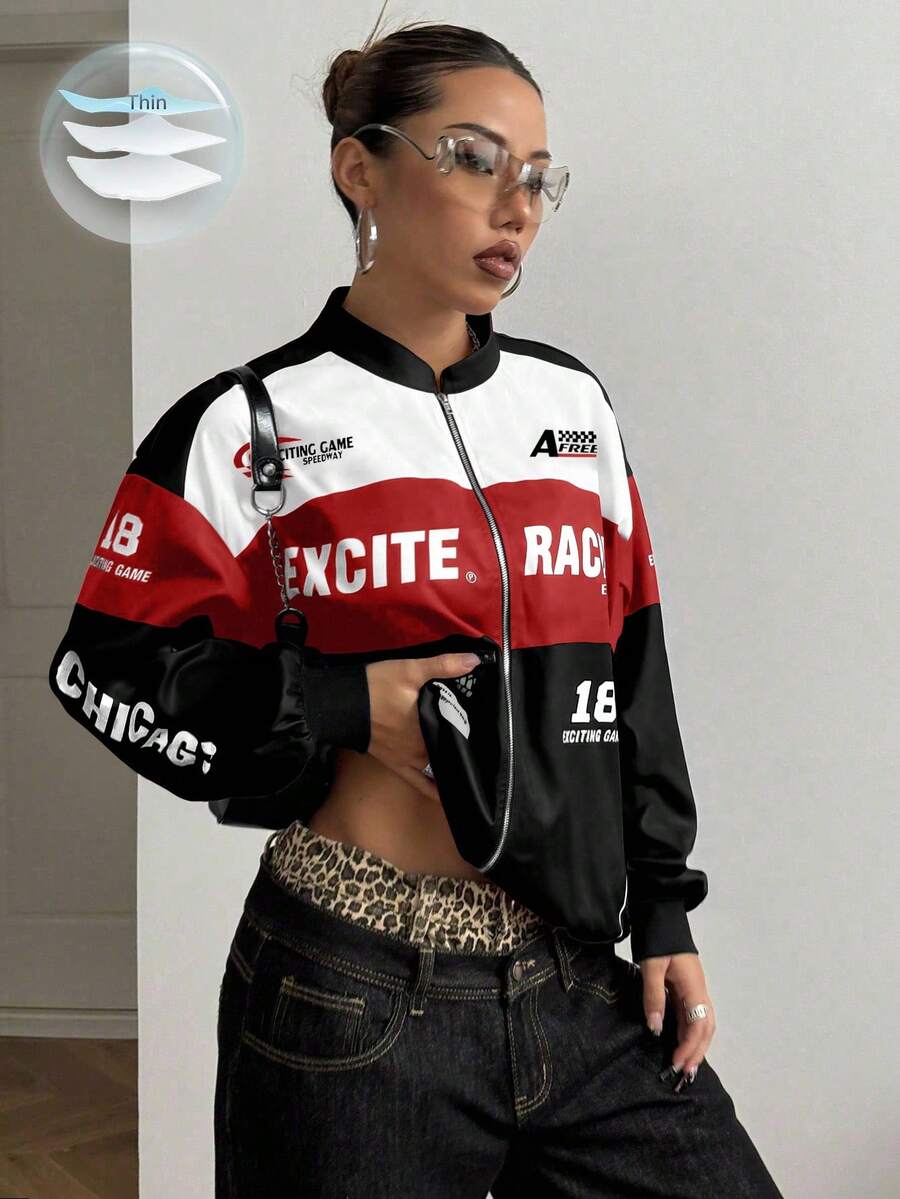 PETITE Letter Print Contrast Color Drop Shoulder Bomber Jacket For New Year Clothes