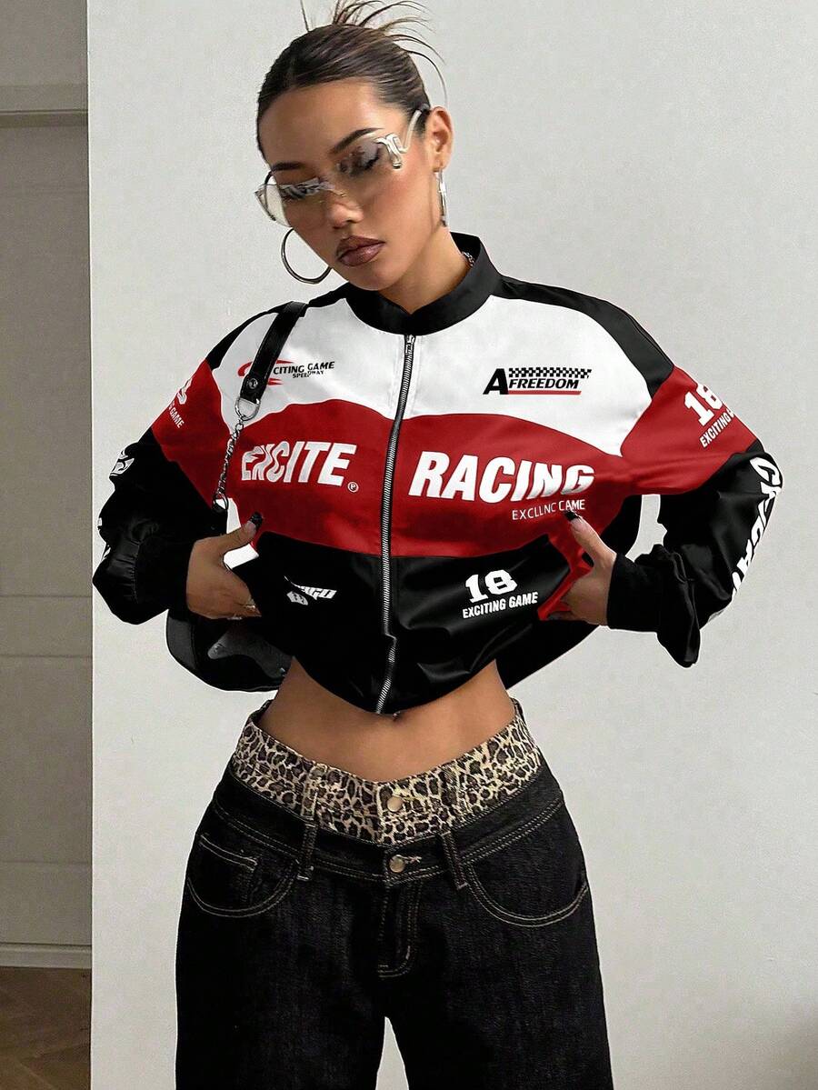 PETITE Letter Print Contrast Color Drop Shoulder Bomber Jacket For New Year Clothes