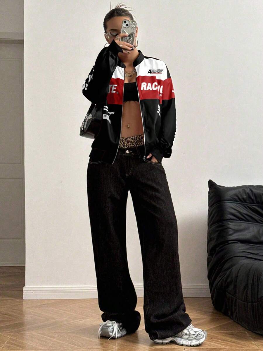 PETITE Letter Print Contrast Color Drop Shoulder Bomber Jacket For New Year Clothes