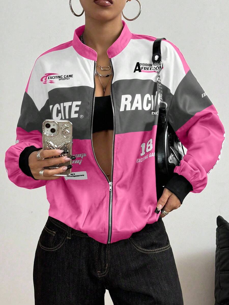PETITE Letter Print Contrast Color Drop Shoulder Bomber Jacket For New Year Clothes