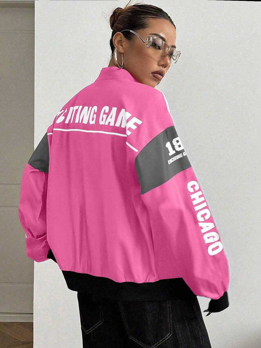 PETITE Letter Print Contrast Color Drop Shoulder Bomber Jacket For New Year Clothes