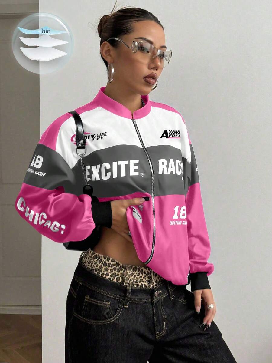 PETITE Letter Print Contrast Color Drop Shoulder Bomber Jacket For New Year Clothes