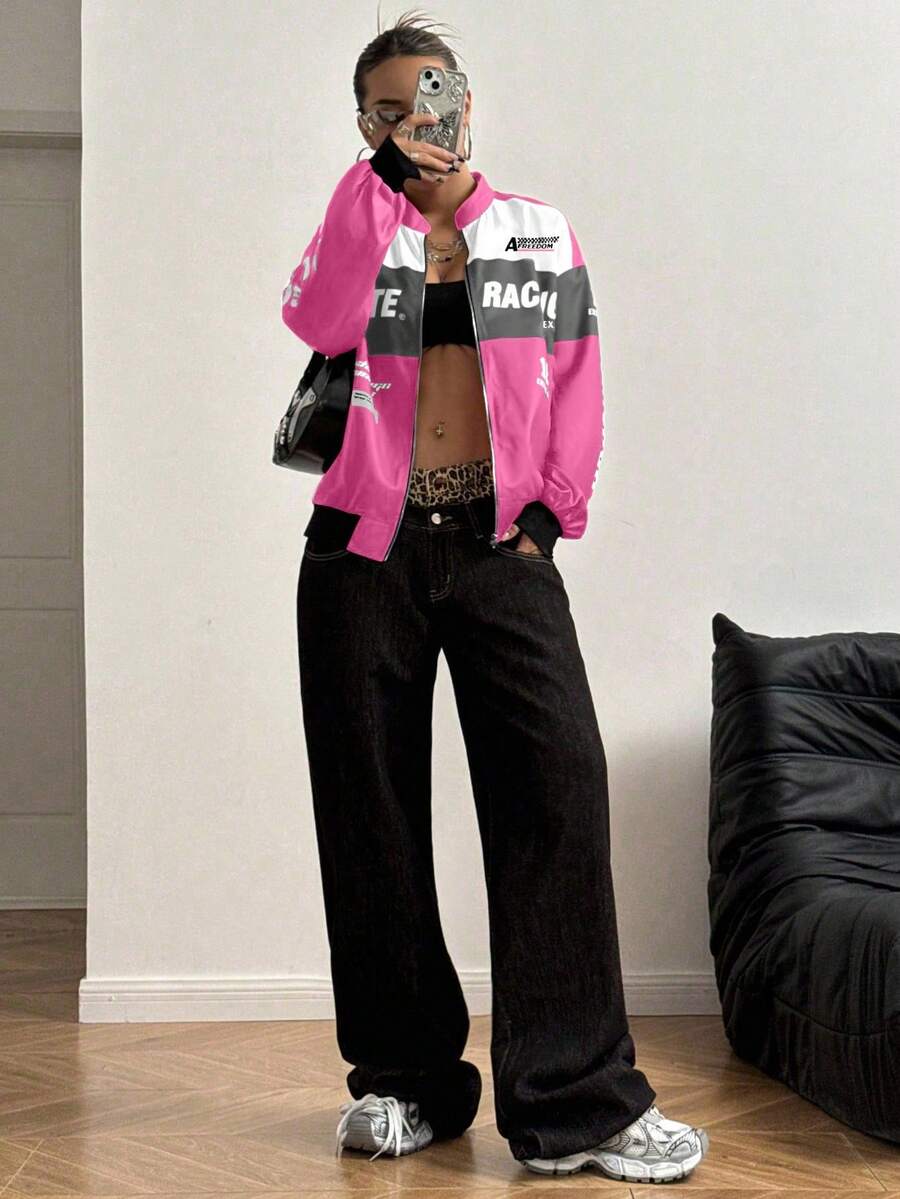 PETITE Letter Print Contrast Color Drop Shoulder Bomber Jacket For New Year Clothes