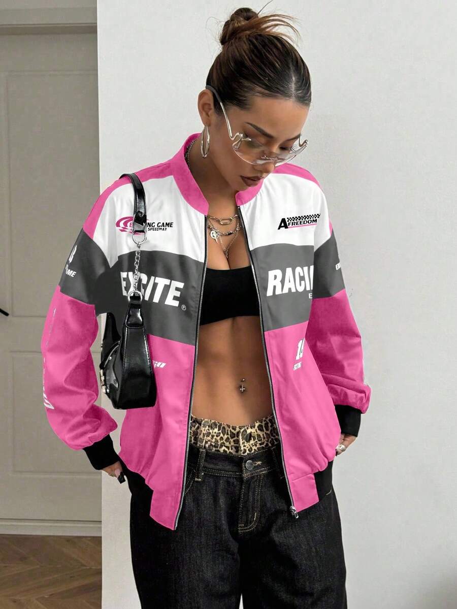 PETITE Letter Print Contrast Color Drop Shoulder Bomber Jacket For New Year Clothes