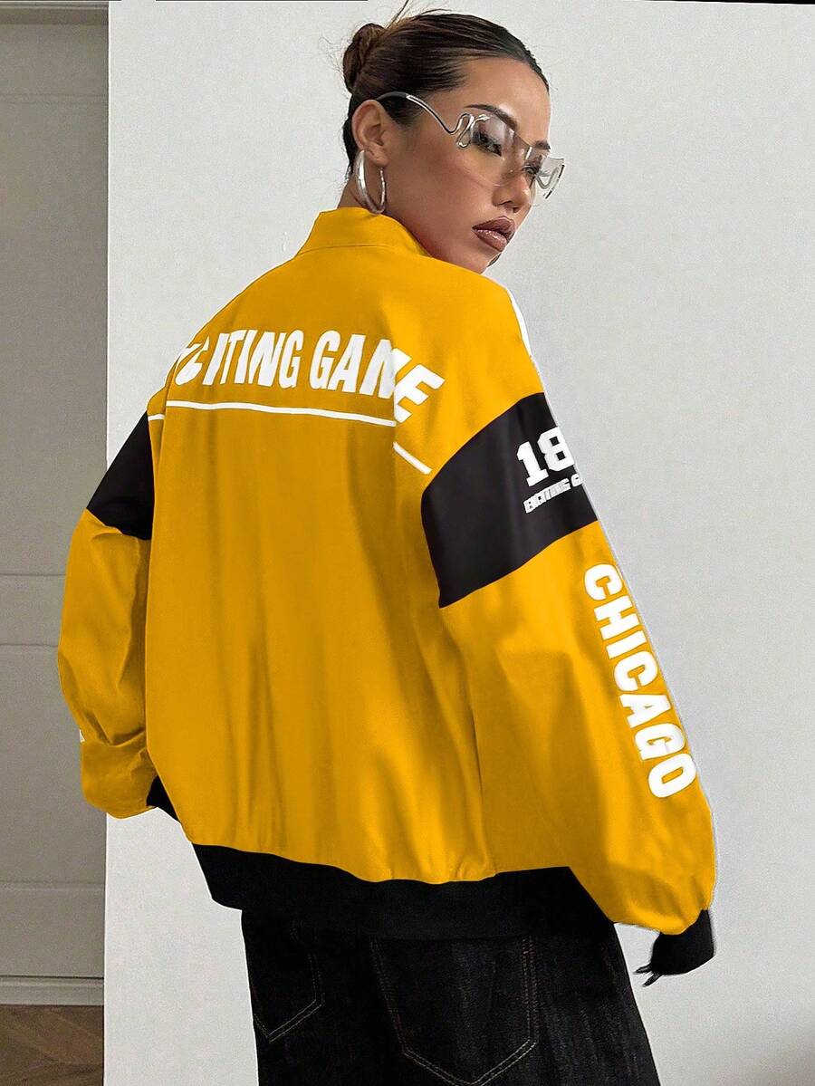 PETITE Letter Print Contrast Color Drop Shoulder Bomber Jacket For New Year Clothes