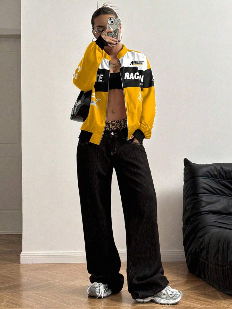 PETITE Letter Print Contrast Color Drop Shoulder Bomber Jacket For New Year Clothes