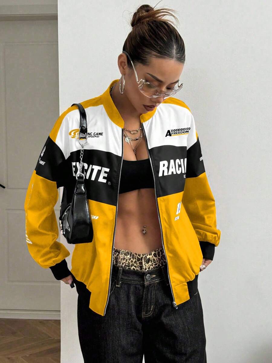 PETITE Letter Print Contrast Color Drop Shoulder Bomber Jacket For New Year Clothes