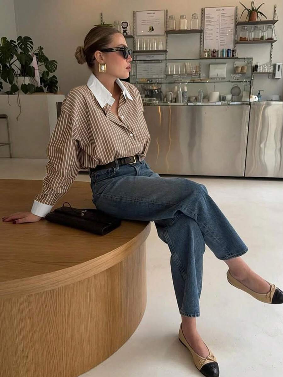 Doriss Plus-Size Loose Striped Color-Block Casual Shirt
