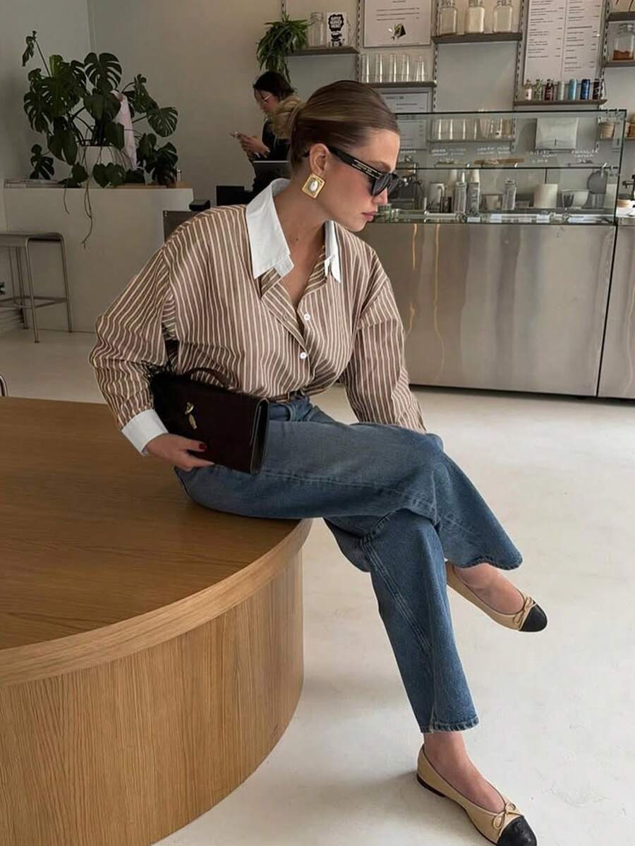 Doriss Plus-Size Loose Striped Color-Block Casual Shirt