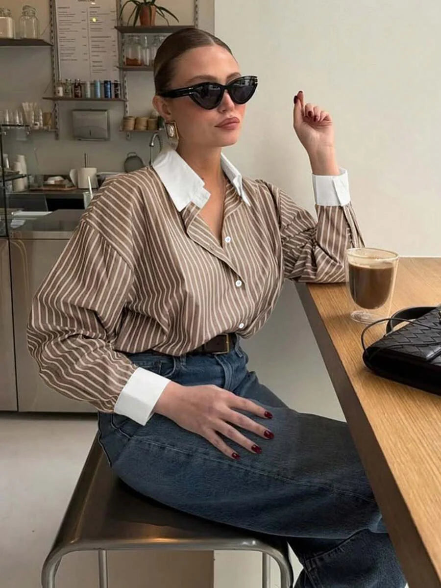 Doriss Plus-Size Loose Striped Color-Block Casual Shirt