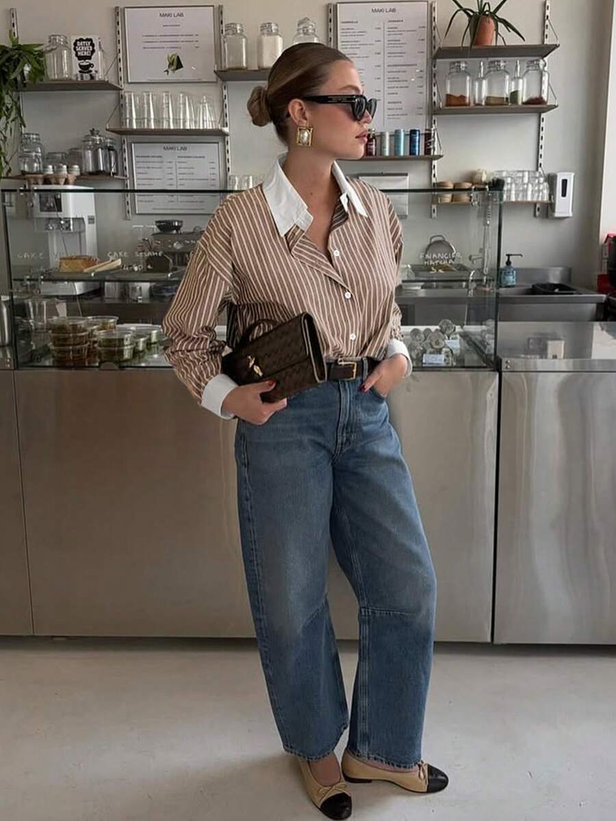 Doriss Plus-Size Loose Striped Color-Block Casual Shirt