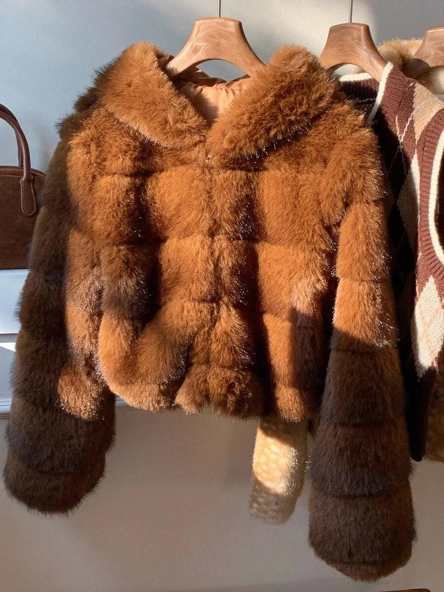 Comfortcana Women's Fashion Street Zip-Up Hooded Faux Fur Jacket, Winter Brown Zip Up Winter Winter Clothes Jacket Halloween Christmas,Winter Clothes For Women