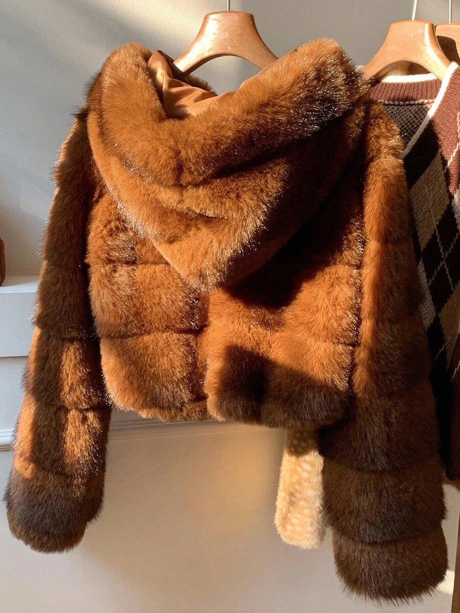 Comfortcana Women's Fashion Street Zip-Up Hooded Faux Fur Jacket, Winter Brown Zip Up Winter Winter Clothes Jacket Halloween Christmas,Winter Clothes For Women