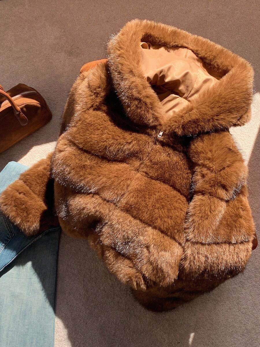 Comfortcana Women's Fashion Street Zip-Up Hooded Faux Fur Jacket, Winter Brown Zip Up Winter Winter Clothes Jacket Halloween Christmas,Winter Clothes For Women