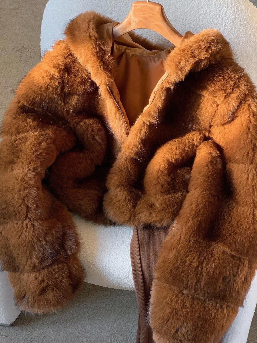 Comfortcana Women's Fashion Street Zip-Up Hooded Faux Fur Jacket, Winter Brown Zip Up Winter Winter Clothes Jacket Halloween Christmas,Winter Clothes For Women