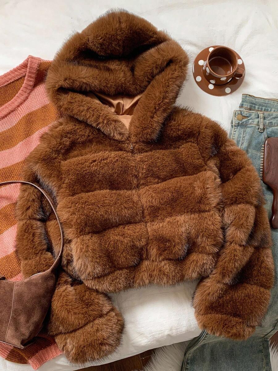 Comfortcana Women's Fashion Street Zip-Up Hooded Faux Fur Jacket, Winter Brown Zip Up Winter Winter Clothes Jacket Halloween Christmas,Winter Clothes For Women