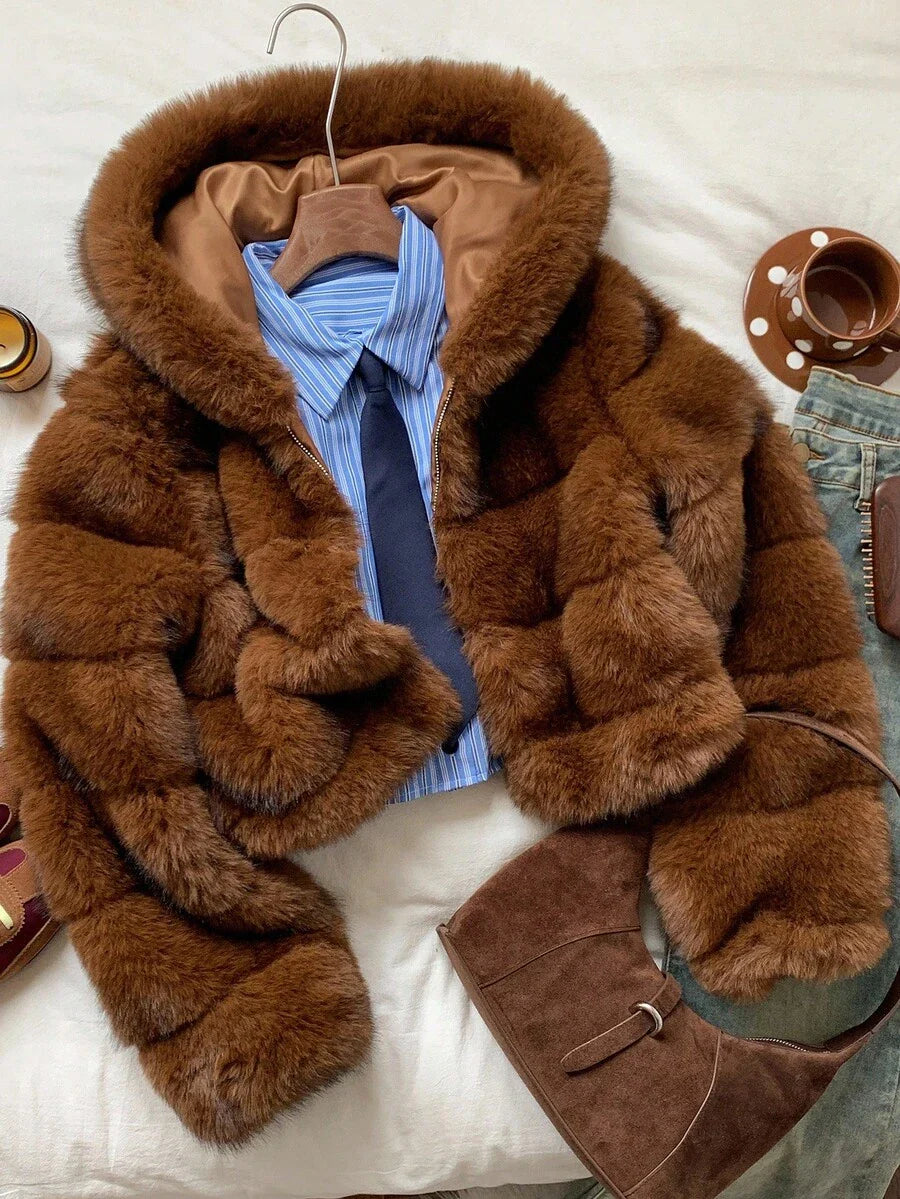 Comfortcana Women's Fashion Street Zip-Up Hooded Faux Fur Jacket, Winter Brown Zip Up Winter Winter Clothes Jacket Halloween Christmas,Winter Clothes For Women