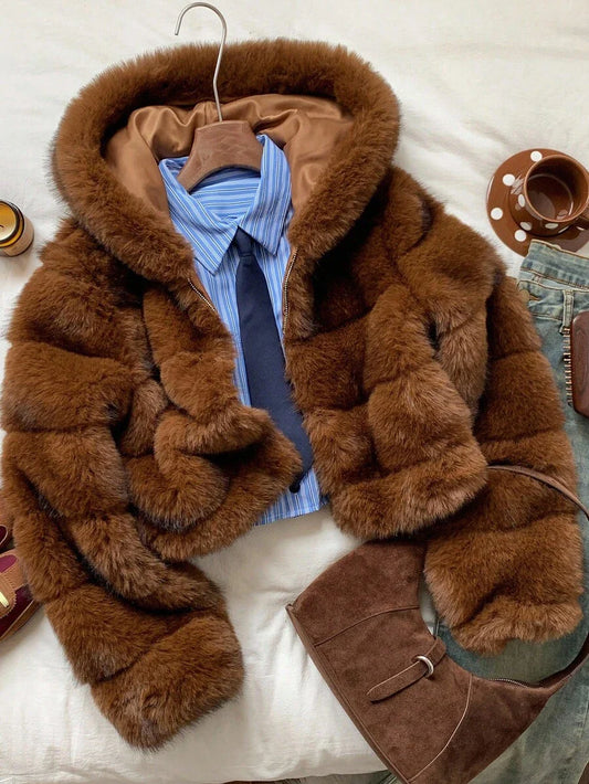 Comfortcana Women's Fashion Street Zip-Up Hooded Faux Fur Jacket, Winter Brown Zip Up Winter Winter Clothes Jacket Halloween Christmas,Winter Clothes For Women