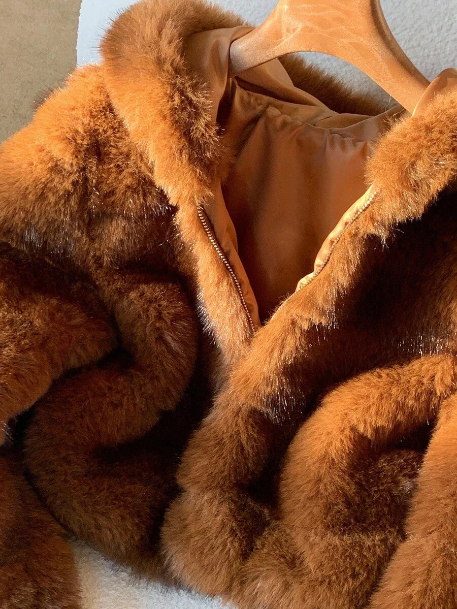 Comfortcana Women's Fashion Street Zip-Up Hooded Faux Fur Jacket, Winter Brown Zip Up Winter Winter Clothes Jacket Halloween Christmas,Winter Clothes For Women
