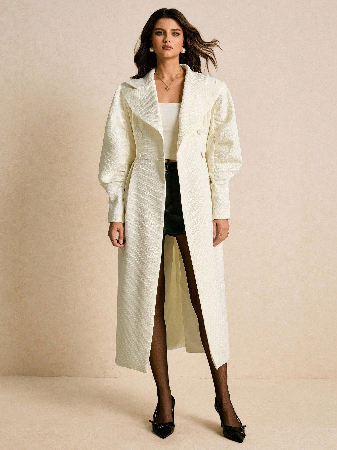 Poéselle Winter White Tailored Trench,Women's Double-Breasted Puff-Sleeve Maxi Coat Dress ,White Trench Coat,Puff Sleeve Coat, Coat Dress Outfit, Longline Winter Coat, Statement Outerwear, Elegant Overcoat, Minimalist Winter StyleWomen's Solid Color Lape